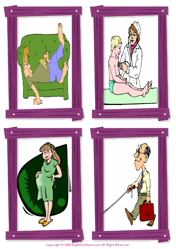 Wordless Describing People vocabulary worksheet with four images per page