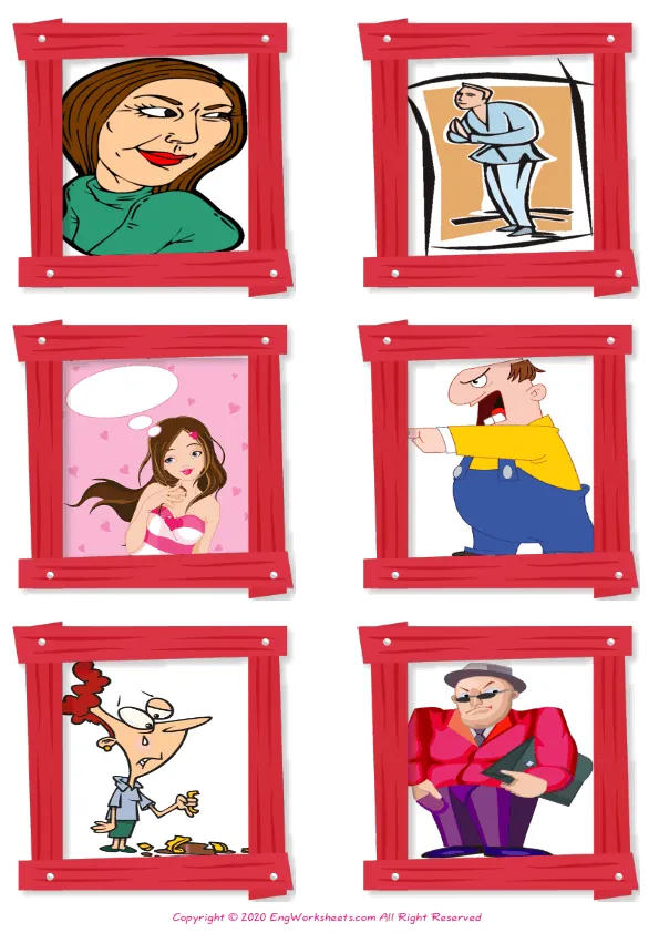 Wordless Describing People vocabulary worksheet with six images per page