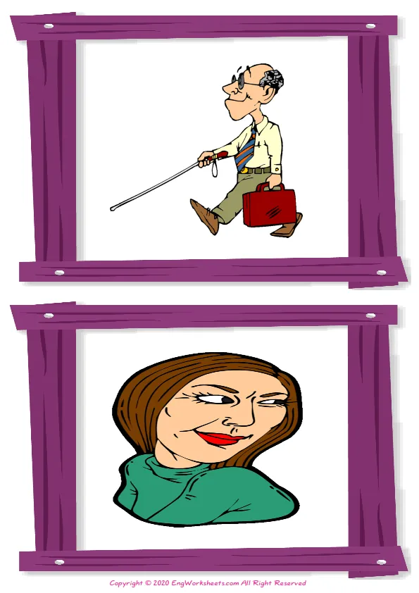 Wordless Describing People vocabulary worksheet with two images per page