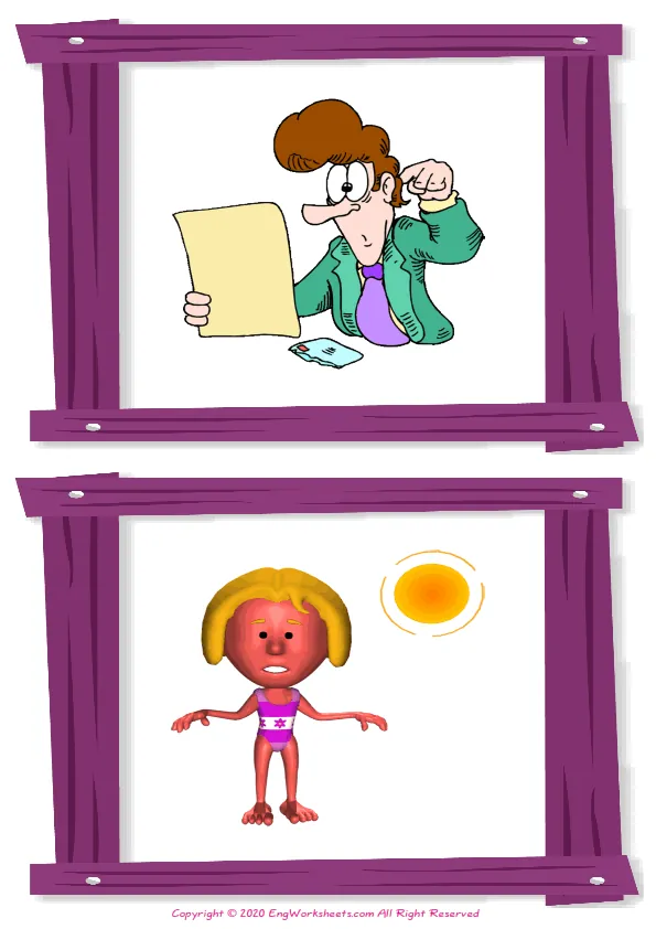 Wordless Describing People vocabulary worksheet with two images per page