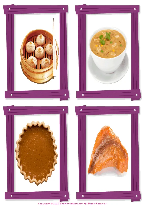 Wordless Dinner vocabulary worksheet with four images per page
