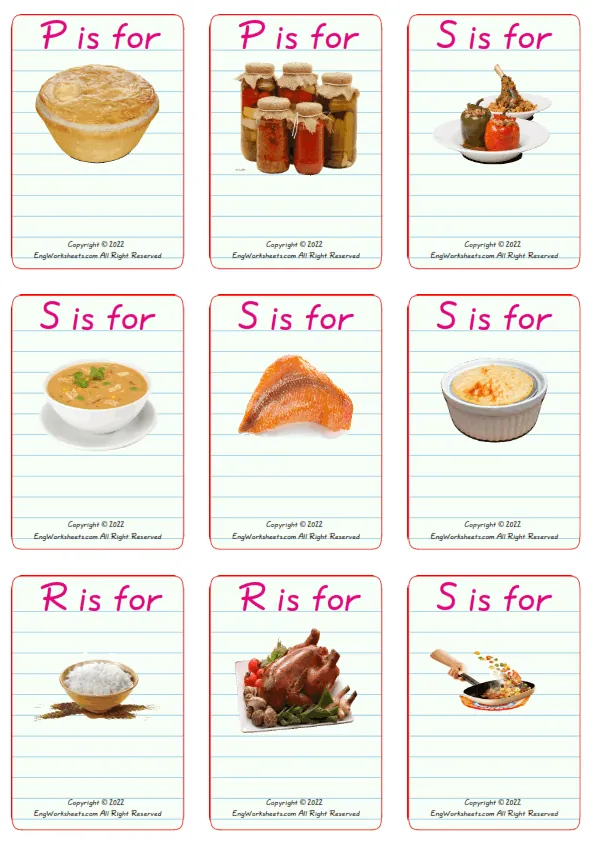Wordless Dinner vocabulary worksheet with nine images per page