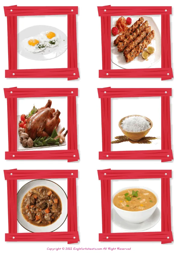 Wordless Dinner vocabulary worksheet with six images per page