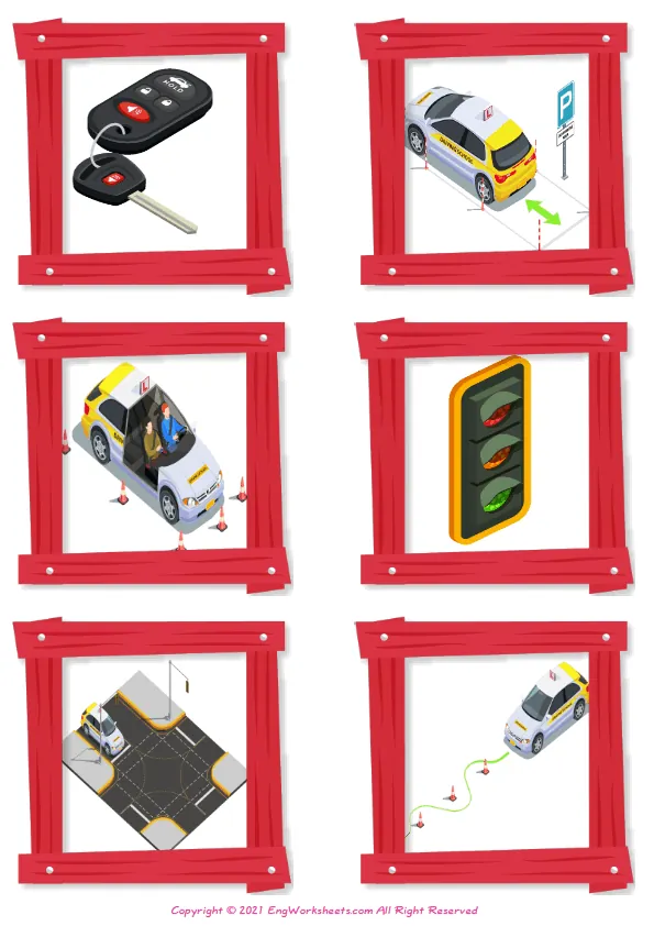 Wordless Driving School vocabulary worksheet with six images per page