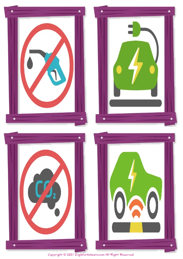 Wordless Electric Vehicle vocabulary worksheet with four images per page