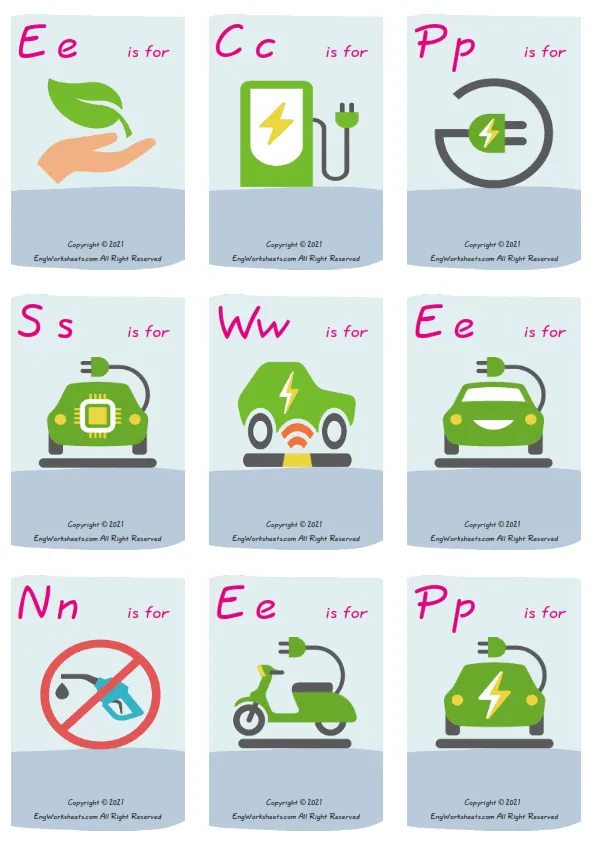 Wordless Electric Vehicle vocabulary worksheet with nine images per page