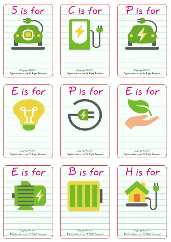 Wordless Electric Vehicle vocabulary worksheet with nine images per page