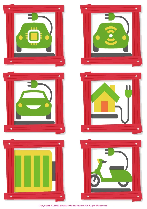 Wordless Electric Vehicle vocabulary worksheet with six images per page