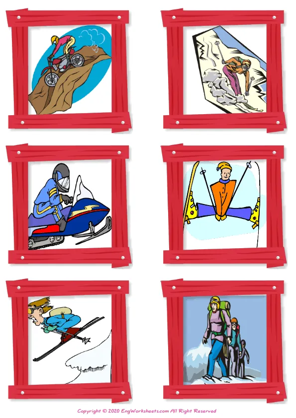 Wordless Extreme Sports Land vocabulary worksheet with six images per page