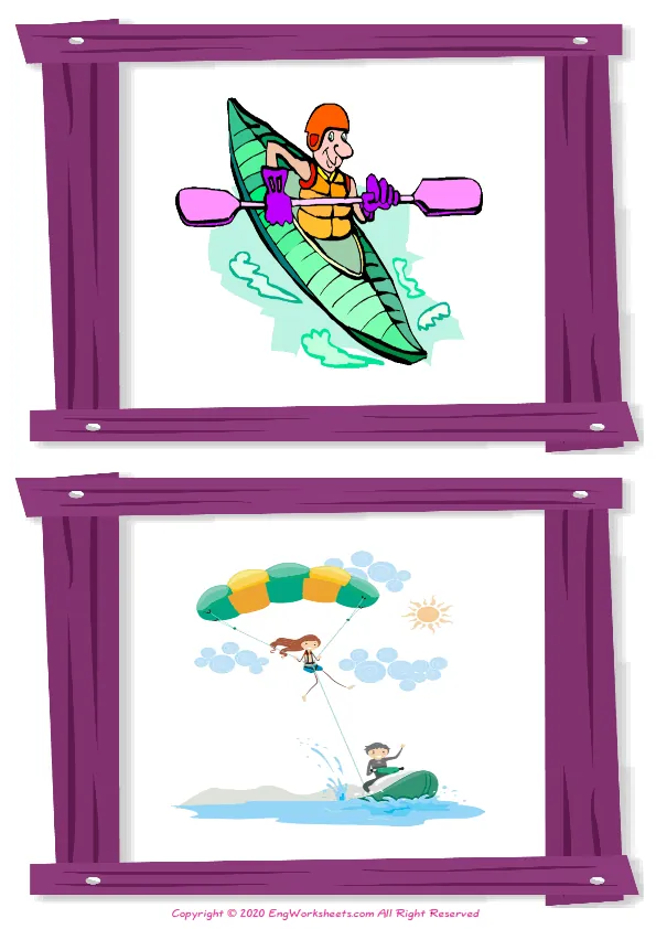 Wordless Extreme Sports Water Air vocabulary worksheet with two images per page