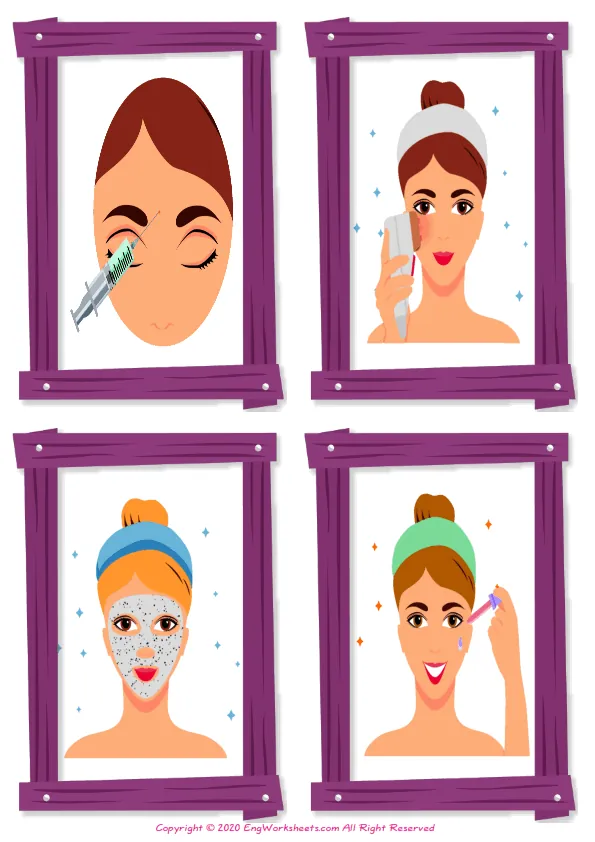 Wordless Facial Care vocabulary worksheet with four images per page