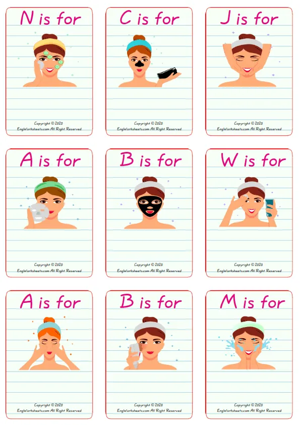 Wordless Facial Care vocabulary worksheet with nine images per page