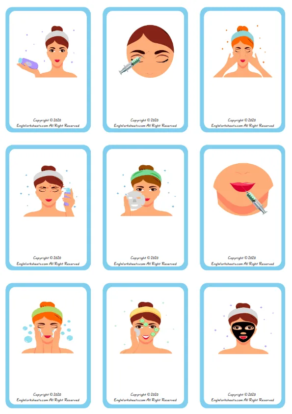 Wordless Facial Care vocabulary worksheet with nine images per page