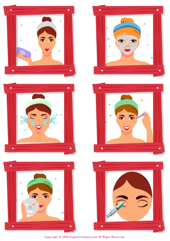 Wordless Facial Care vocabulary worksheet with six images per page