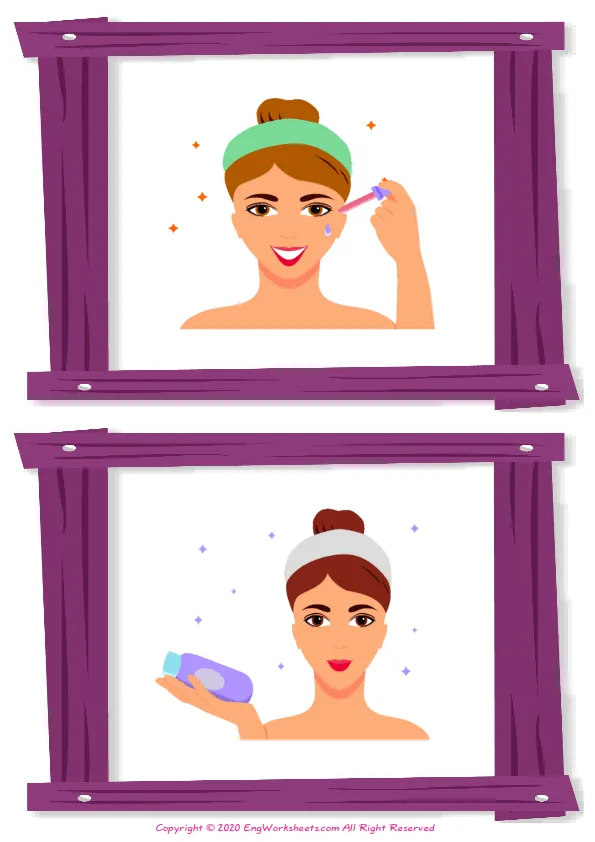 Wordless Facial Care vocabulary worksheet with two images per page