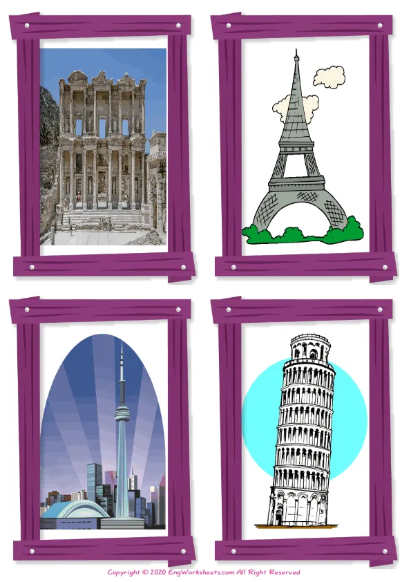 Wordless Famous Architecture vocabulary worksheet with four images per page