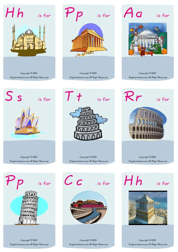Wordless Famous Architecture vocabulary worksheet with nine images per page