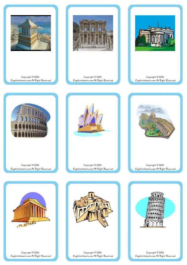 Wordless Famous Architecture vocabulary worksheet with nine images per page