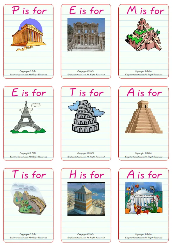 Wordless Famous Architecture vocabulary worksheet with nine images per page