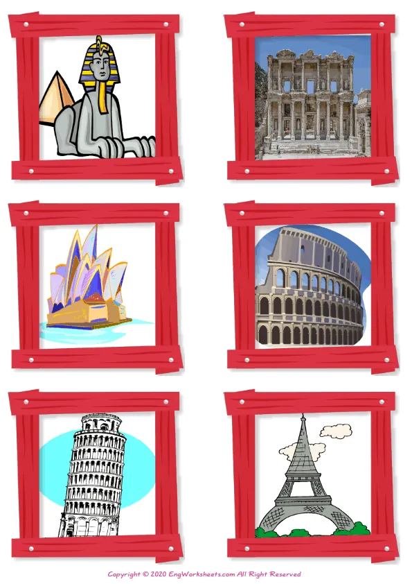Wordless Famous Architecture vocabulary worksheet with six images per page