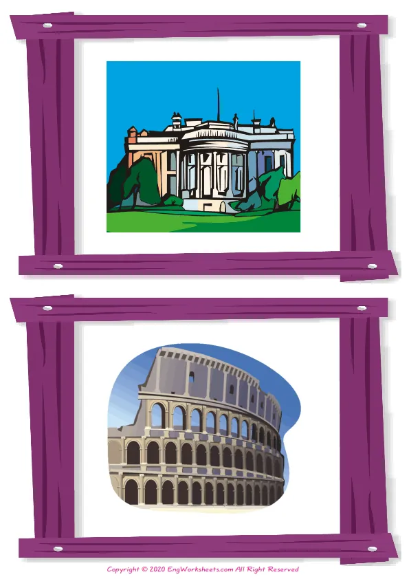 Wordless Famous Architecture vocabulary worksheet with two images per page