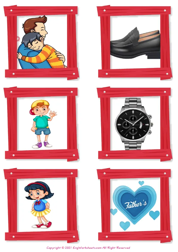 Wordless Father's Day vocabulary worksheet with six images per page