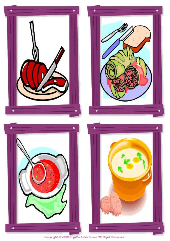 Wordless Food In The Restaurant vocabulary worksheet with four images per page