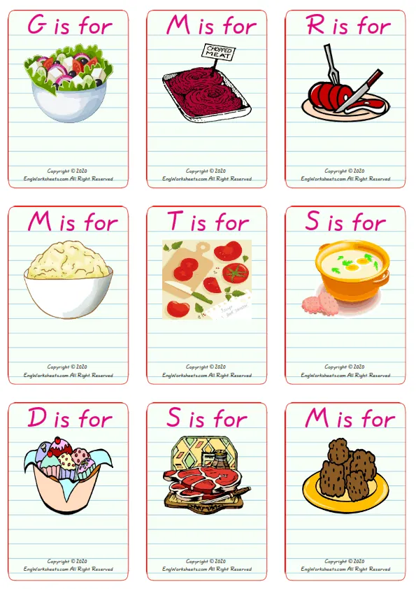 Wordless Food In The Restaurant vocabulary worksheet with nine images per page