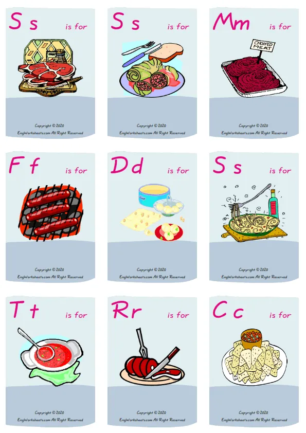Wordless Food In The Restaurant vocabulary worksheet with nine images per page