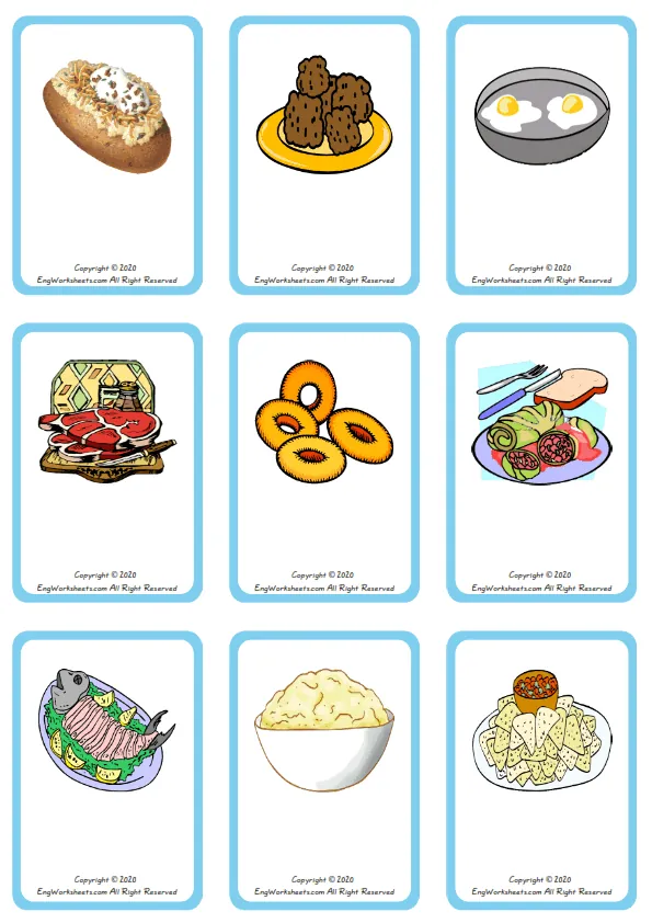 Wordless Food In The Restaurant vocabulary worksheet with nine images per page