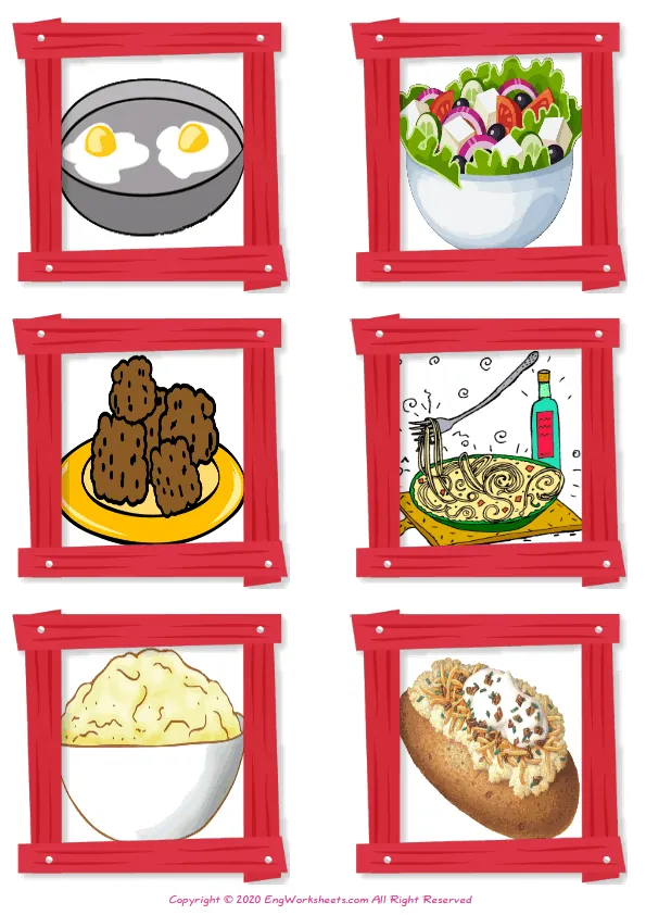 Wordless Food In The Restaurant vocabulary worksheet with six images per page