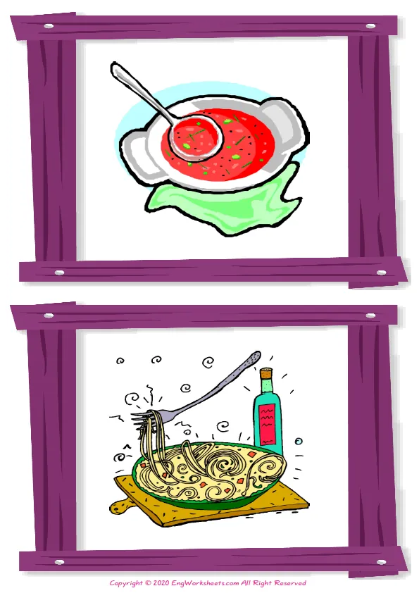 Wordless Food In The Restaurant vocabulary worksheet with two images per page