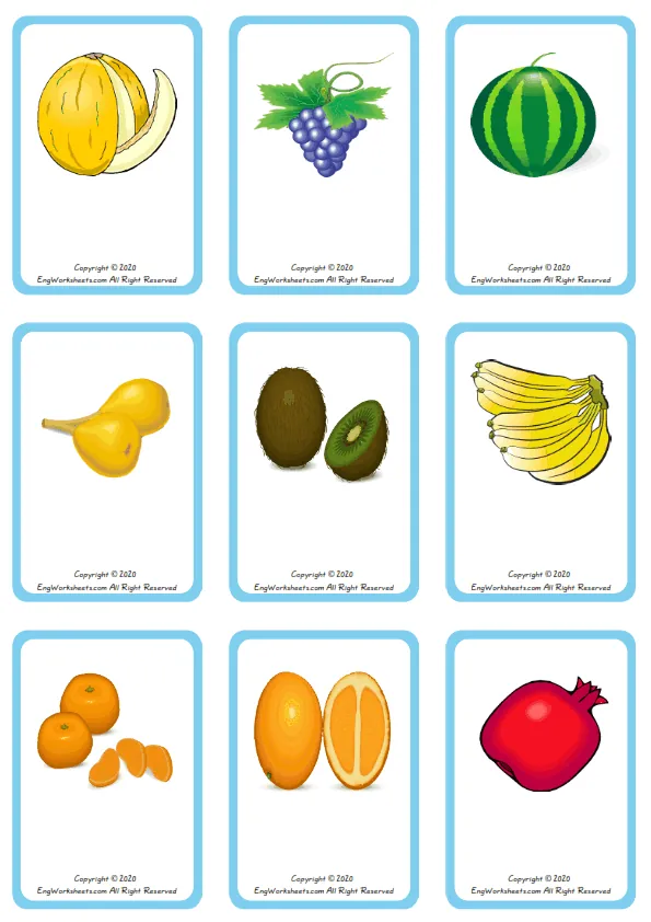 Wordless Fruits vocabulary worksheet with nine images per page