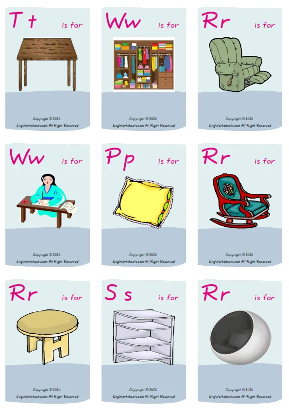 Wordless Furniture vocabulary worksheet with nine images per page
