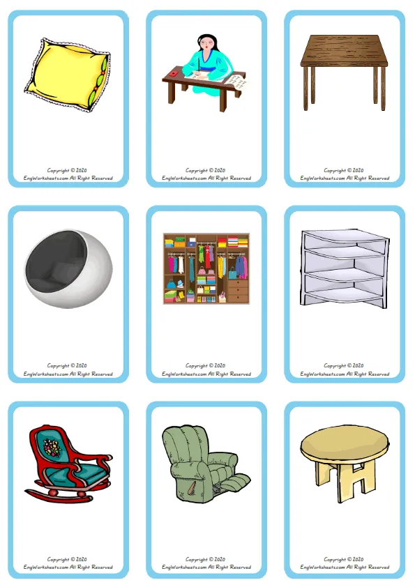 Wordless Furniture vocabulary worksheet with nine images per page