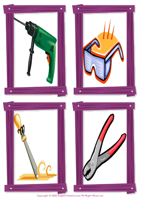 Wordless Hand Tools vocabulary worksheet with four images per page