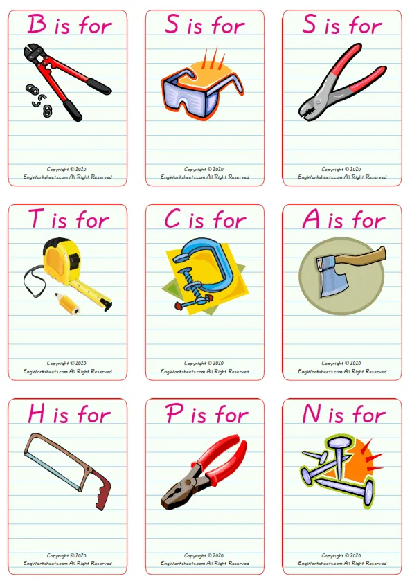 Wordless Hand Tools vocabulary worksheet with nine images per page