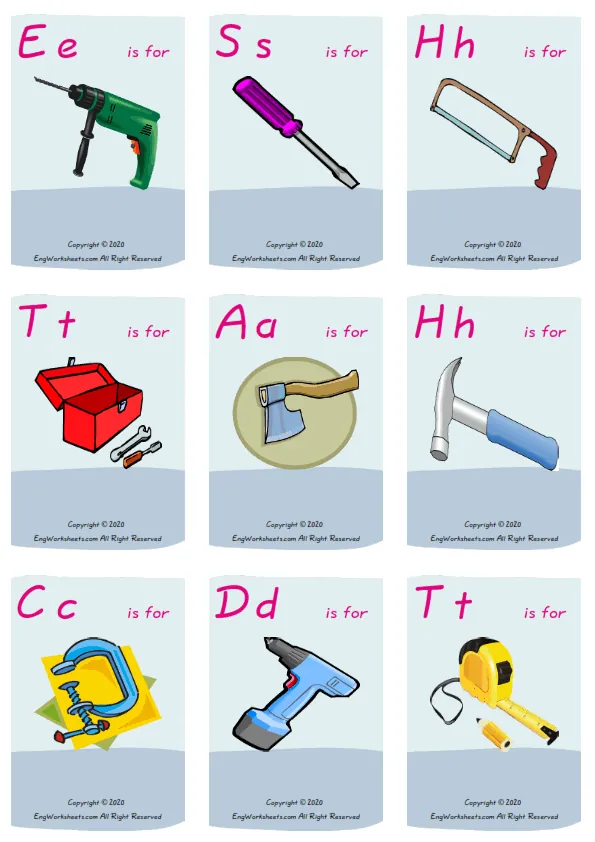 Wordless Hand Tools vocabulary worksheet with nine images per page