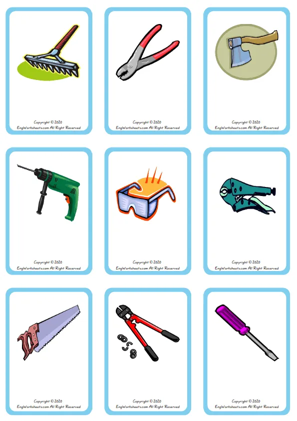 Wordless Hand Tools vocabulary worksheet with nine images per page