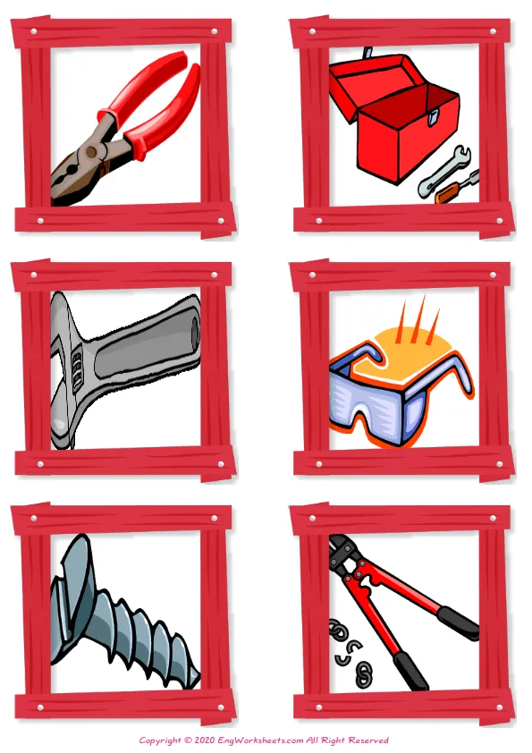 Wordless Hand Tools vocabulary worksheet with six images per page