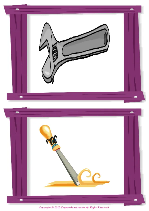 Wordless Hand Tools vocabulary worksheet with two images per page