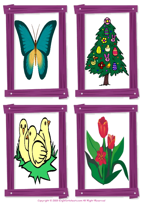Wordless Happy Easter vocabulary worksheet with four images per page