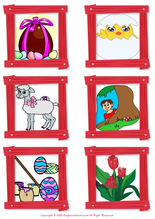 Wordless Happy Easter vocabulary worksheet with six images per page
