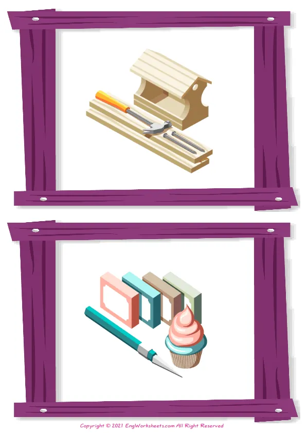 Wordless Hobby Crafts vocabulary worksheet with two images per page