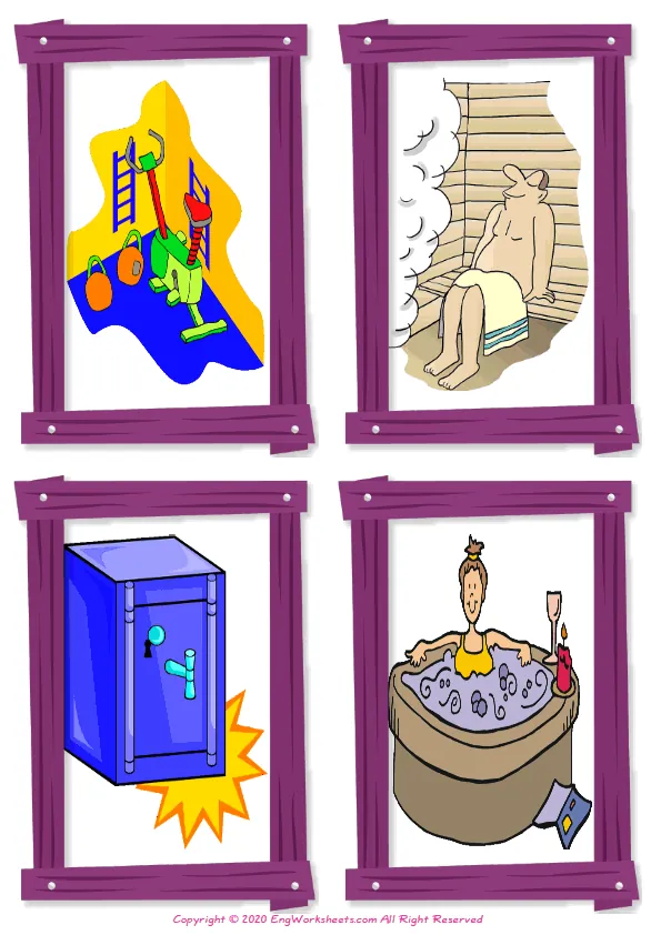 Wordless Hotel vocabulary worksheet with four images per page