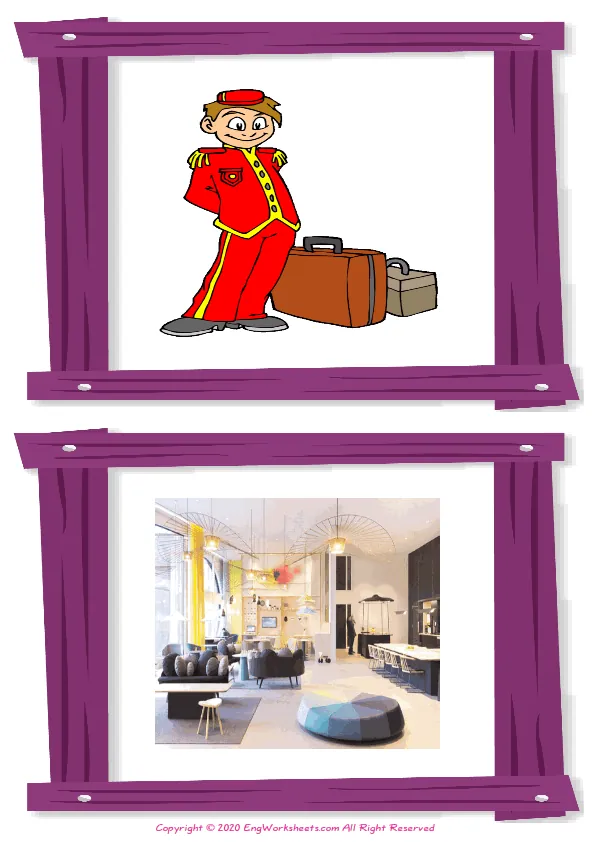 Wordless Hotel vocabulary worksheet with two images per page