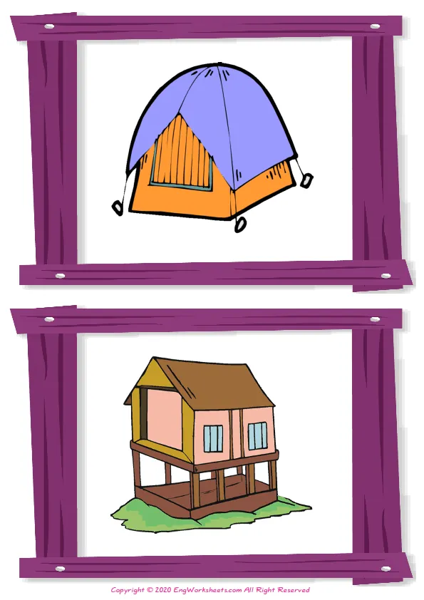 Wordless Houses Homes vocabulary worksheet with two images per page