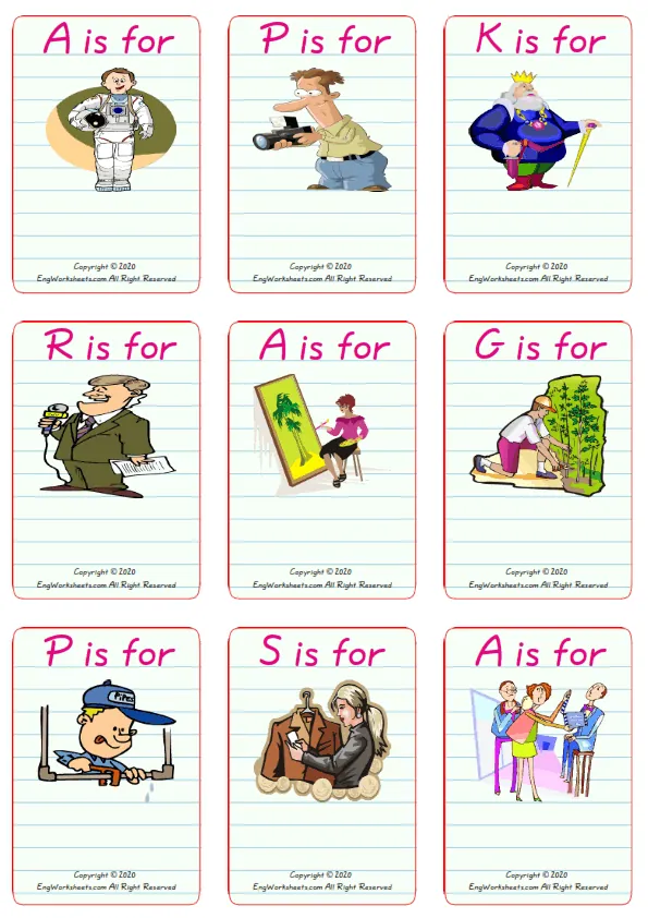 Wordless Jobs Occupations vocabulary worksheet with nine images per page