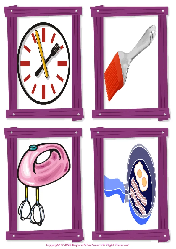 Wordless Kitchen vocabulary worksheet with four images per page