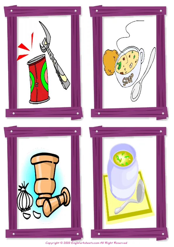 Wordless Kitchen vocabulary worksheet with four images per page